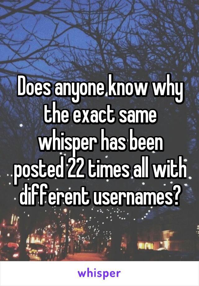 Does anyone know why the exact same whisper has been posted 22 times all with different usernames?