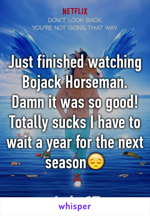 Just finished watching Bojack Horseman. Damn it was so good! Totally sucks I have to wait a year for the next season😔