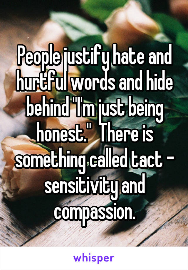 People justify hate and hurtful words and hide behind "I'm just being honest."  There is something called tact - sensitivity and compassion.