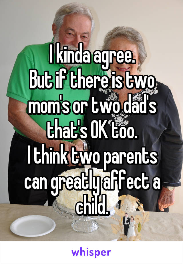 I kinda agree.
But if there is two mom's or two dad's that's OK too.
I think two parents can greatly affect a child.