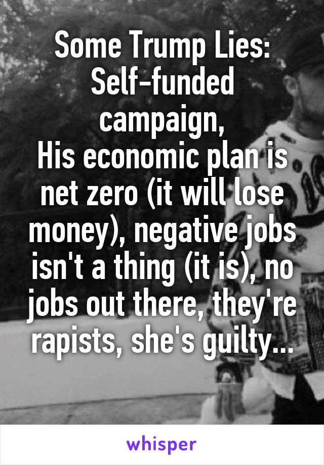 Some Trump Lies:
Self-funded campaign,
His economic plan is net zero (it will lose money), negative jobs isn't a thing (it is), no jobs out there, they're rapists, she's guilty...

