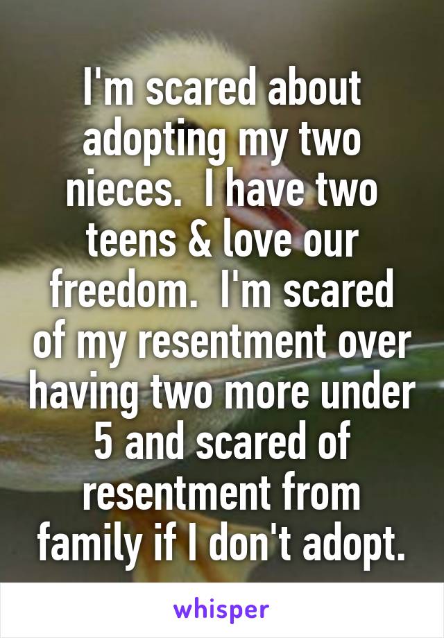 I'm scared about adopting my two nieces.  I have two teens & love our freedom.  I'm scared of my resentment over having two more under 5 and scared of resentment from family if I don't adopt.