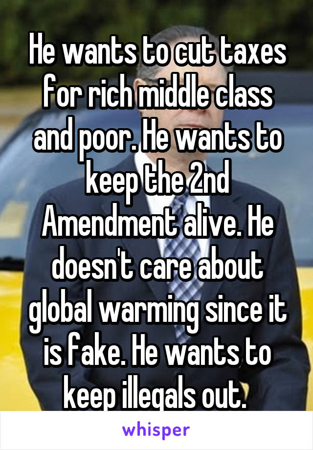 He wants to cut taxes for rich middle class and poor. He wants to keep the 2nd Amendment alive. He doesn't care about global warming since it is fake. He wants to keep illegals out. 