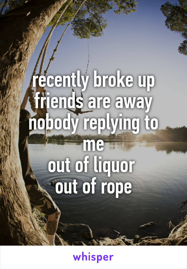 recently broke up
friends are away
nobody replying to me
out of liquor 
out of rope