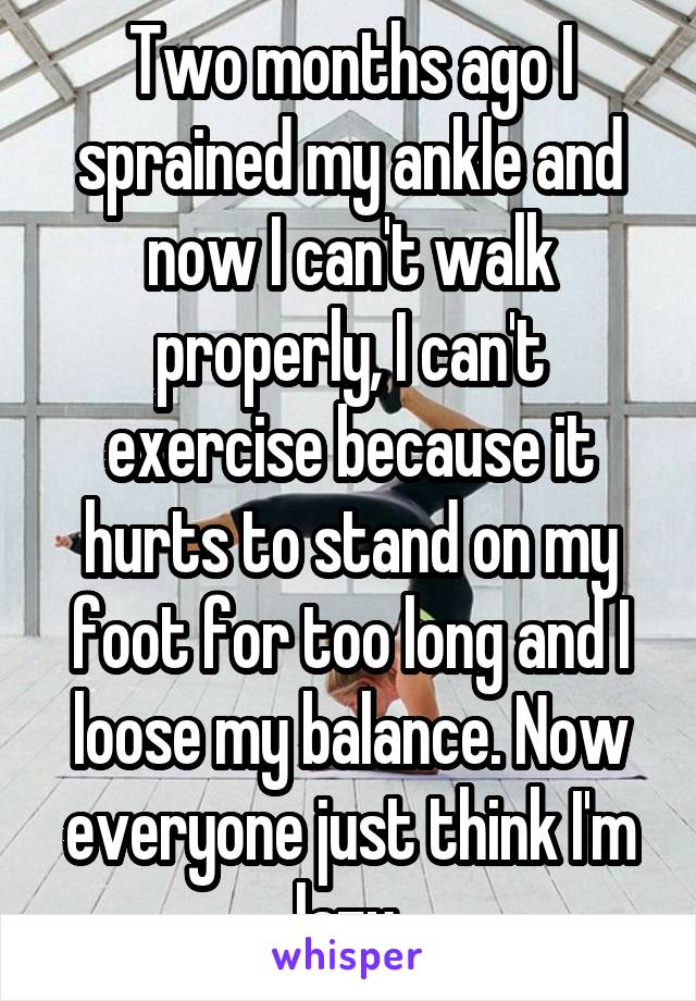 Two months ago I sprained my ankle and now I can't walk properly, I can't exercise because it hurts to stand on my foot for too long and I loose my balance. Now everyone just think I'm lazy.