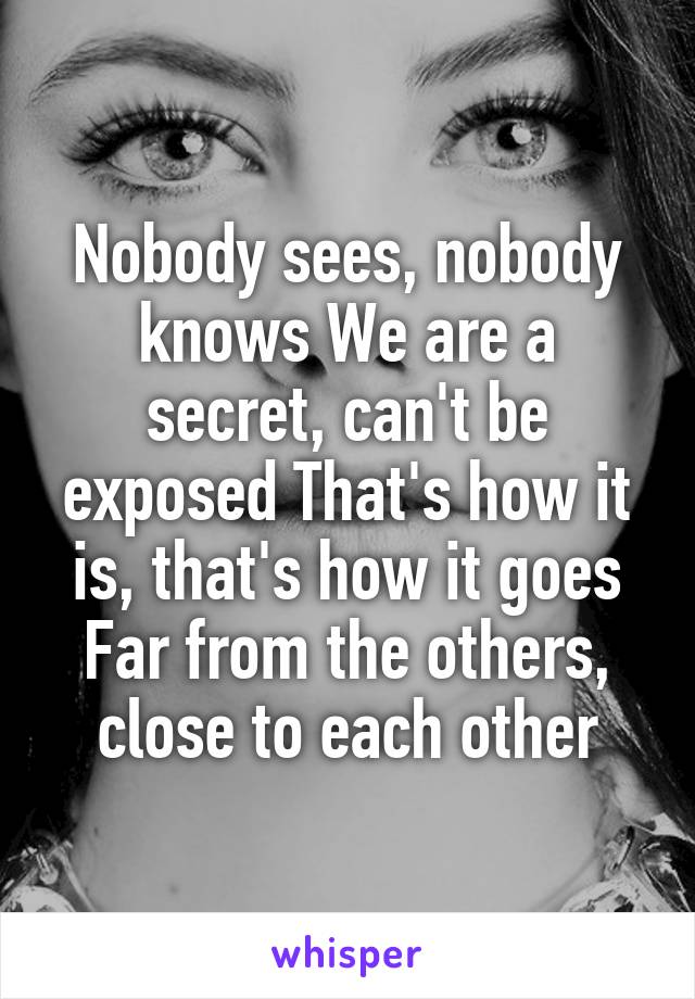 Nobody sees, nobody knows We are a secret, can't be exposed That's how it is, that's how it goes Far from the others, close to each other