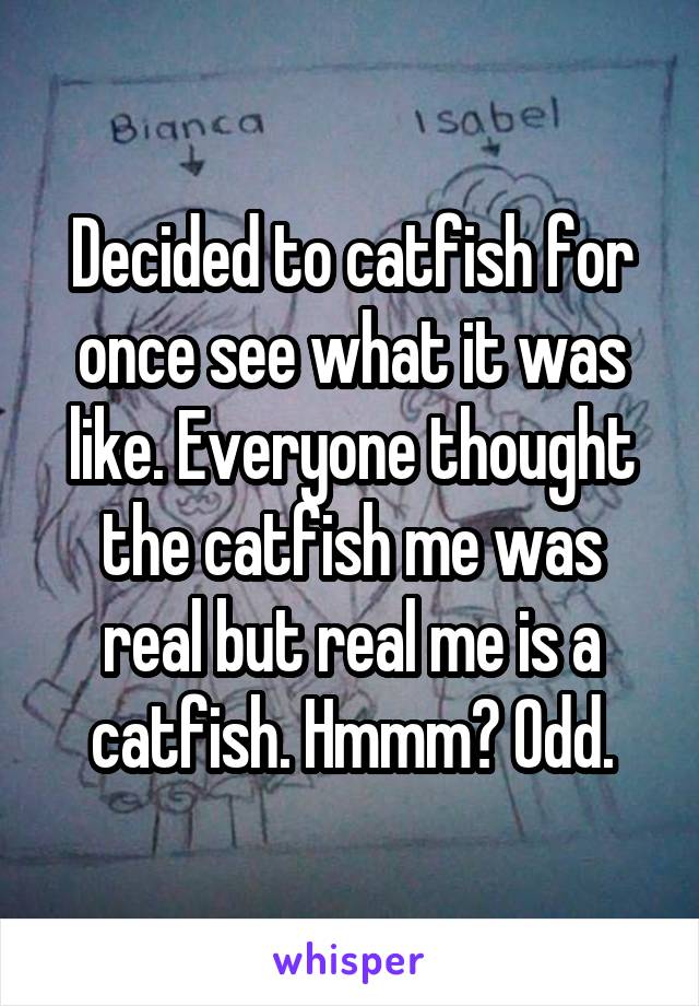 Decided to catfish for once see what it was like. Everyone thought the catfish me was real but real me is a catfish. Hmmm? Odd.