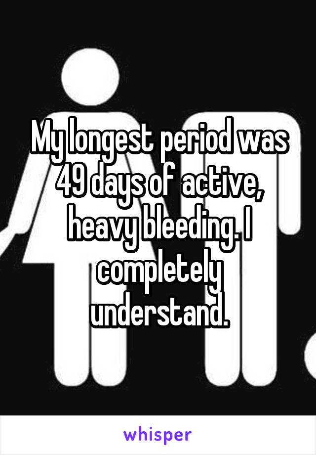 My longest period was 49 days of active, heavy bleeding. I completely
 understand. 