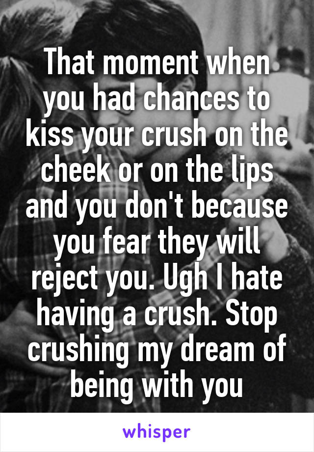 That moment when you had chances to kiss your crush on the cheek or on the lips and you don't because you fear they will reject you. Ugh I hate having a crush. Stop crushing my dream of being with you