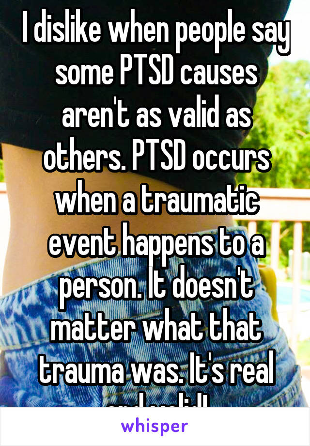 I dislike when people say some PTSD causes aren't as valid as others. PTSD occurs when a traumatic event happens to a person. It doesn't matter what that trauma was. It's real and valid!