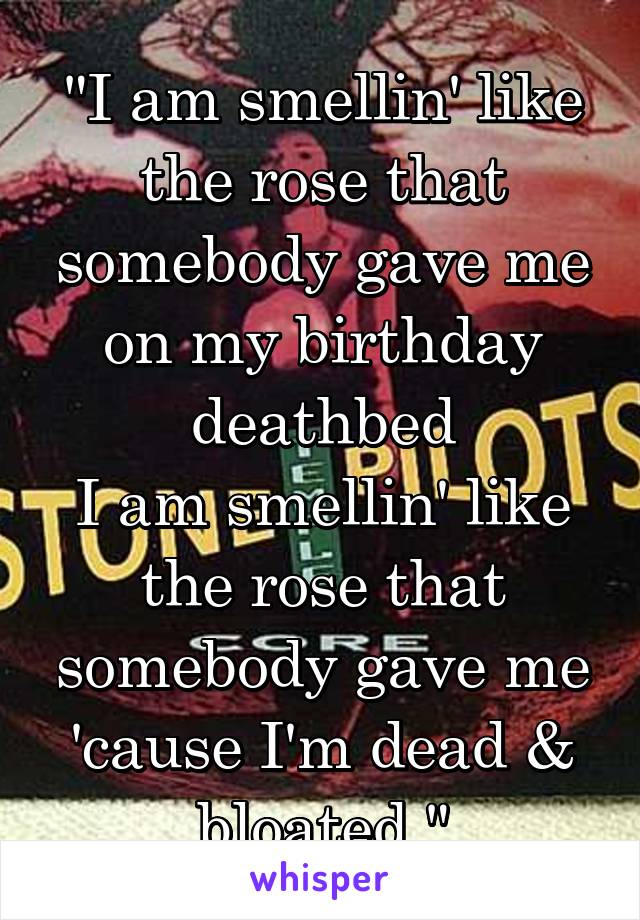 "I am smellin' like the rose that somebody gave me on my birthday deathbed
I am smellin' like the rose that somebody gave me 'cause I'm dead & bloated "