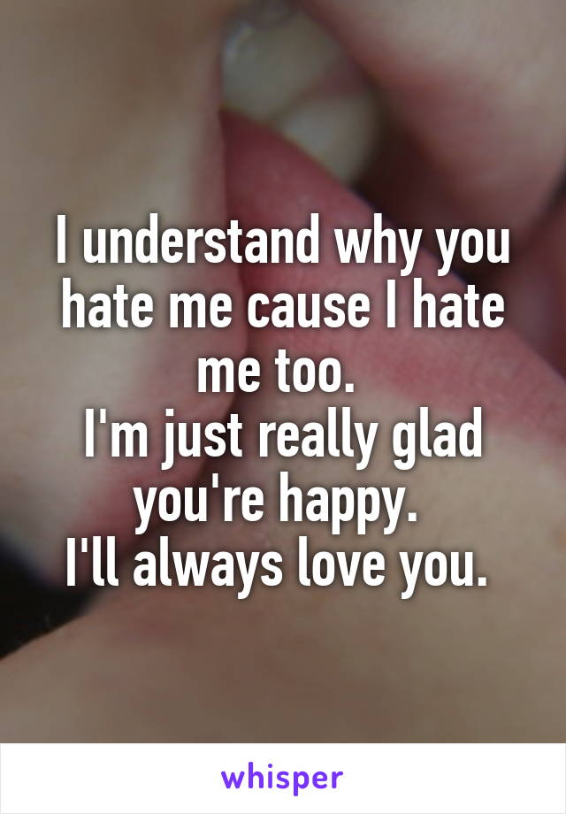 I understand why you hate me cause I hate me too. 
I'm just really glad you're happy. 
I'll always love you. 