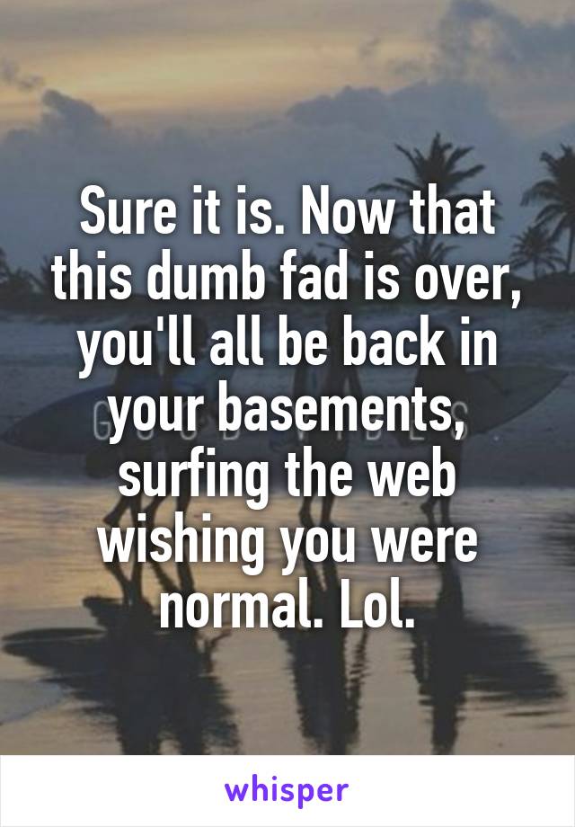 Sure it is. Now that this dumb fad is over, you'll all be back in your basements, surfing the web wishing you were normal. Lol.