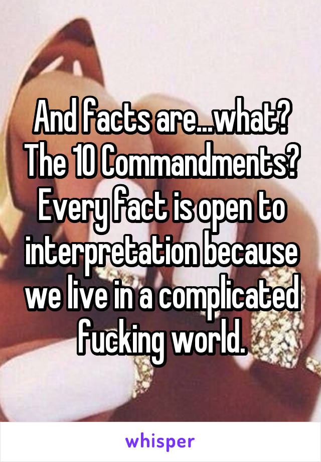 And facts are...what? The 10 Commandments? Every fact is open to interpretation because we live in a complicated fucking world.