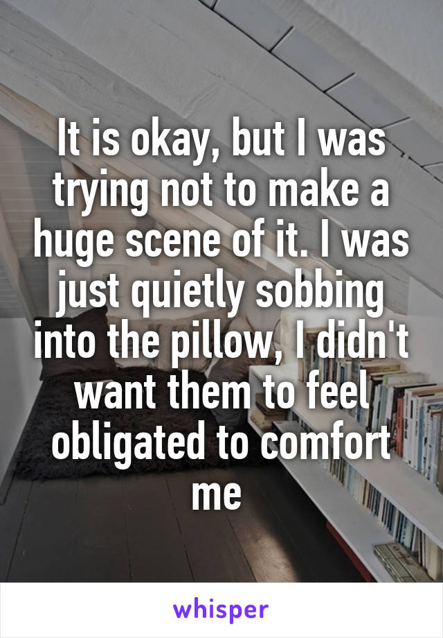 It is okay, but I was trying not to make a huge scene of it. I was just quietly sobbing into the pillow, I didn't want them to feel obligated to comfort me 
