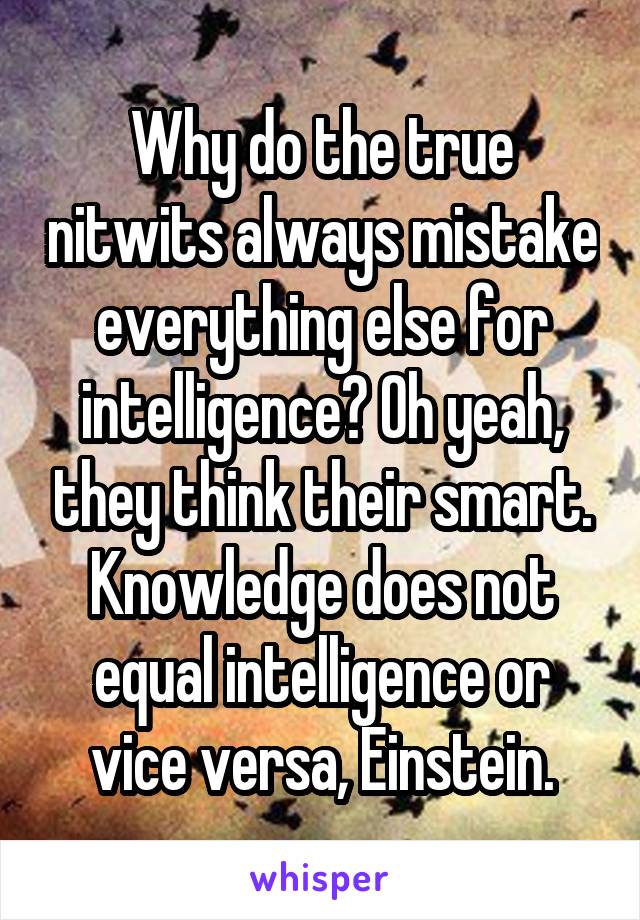 Why do the true nitwits always mistake everything else for intelligence? Oh yeah, they think their smart. Knowledge does not equal intelligence or vice versa, Einstein.