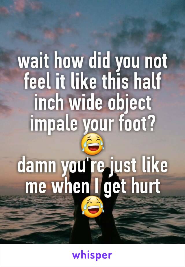 wait how did you not feel it like this half inch wide object impale your foot?
😂
damn you're just like me when I get hurt
😂