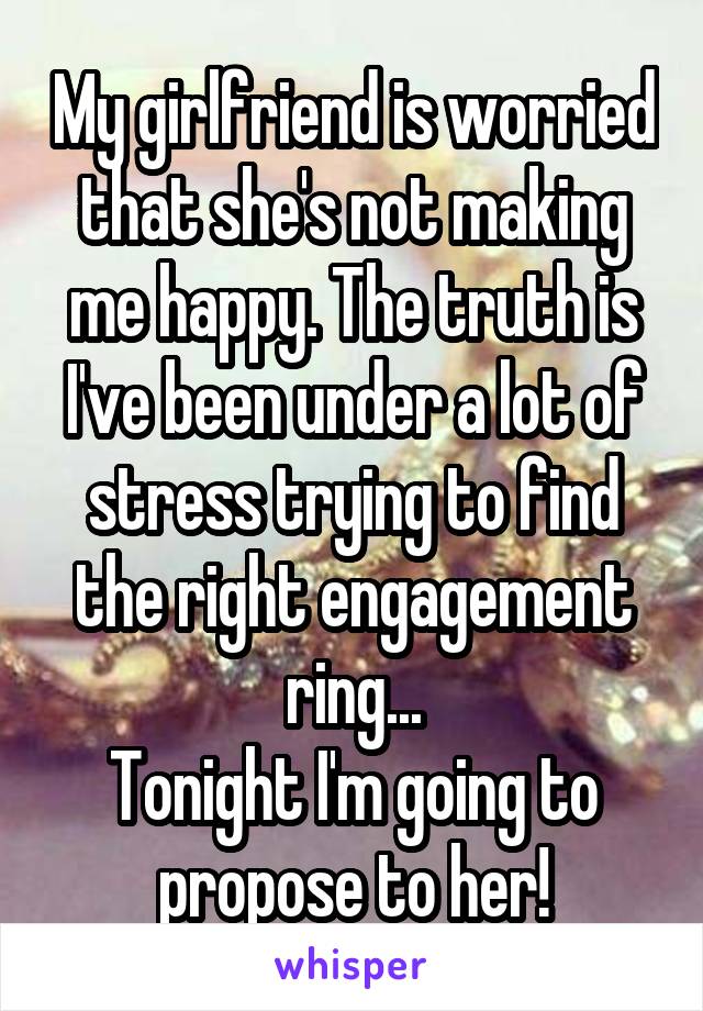 My girlfriend is worried that she's not making me happy. The truth is I've been under a lot of stress trying to find the right engagement ring...
Tonight I'm going to propose to her!