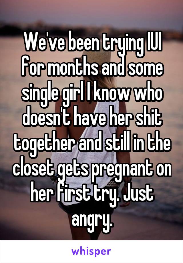We've been trying IUI for months and some single girl I know who doesn't have her shit together and still in the closet gets pregnant on her first try. Just angry.