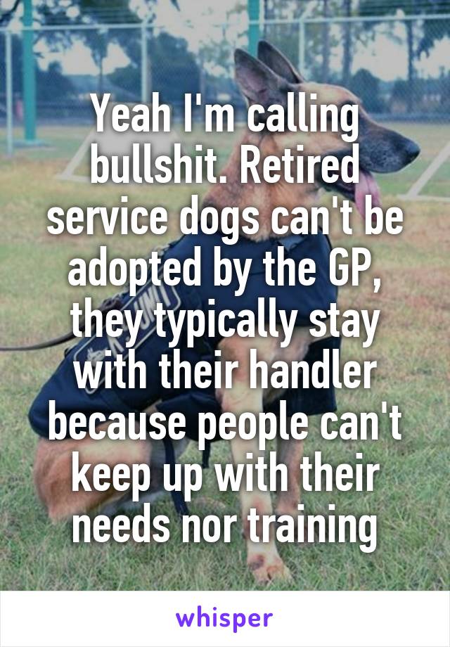 Yeah I'm calling bullshit. Retired service dogs can't be adopted by the GP, they typically stay with their handler because people can't keep up with their needs nor training