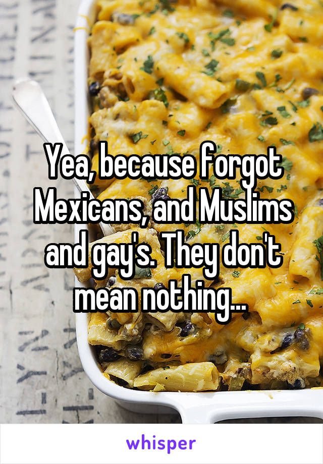Yea, because forgot Mexicans, and Muslims and gay's. They don't mean nothing... 