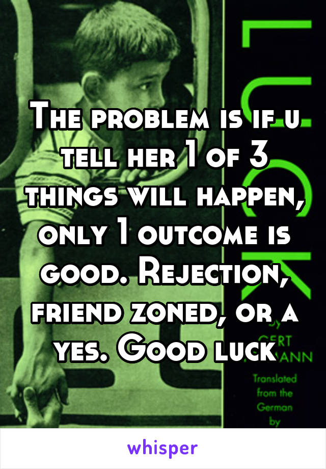 The problem is if u tell her 1 of 3 things will happen, only 1 outcome is good. Rejection, friend zoned, or a yes. Good luck