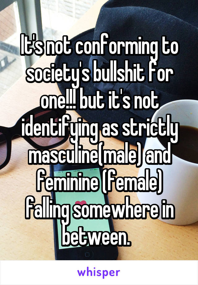 It's not conforming to society's bullshit for one!!! but it's not identifying as strictly masculine(male) and feminine (female) falling somewhere in between.  