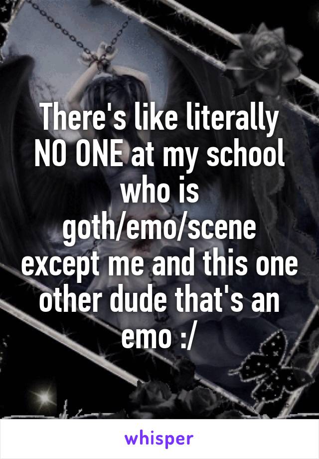 There's like literally NO ONE at my school who is goth/emo/scene except me and this one other dude that's an emo :/