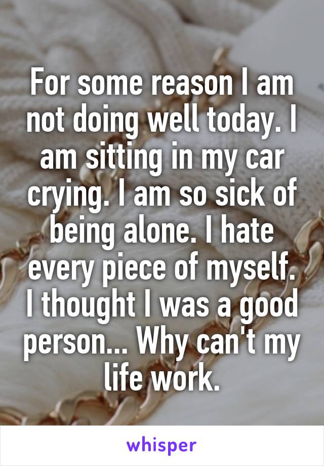 For some reason I am not doing well today. I am sitting in my car crying. I am so sick of being alone. I hate every piece of myself. I thought I was a good person... Why can't my life work.
