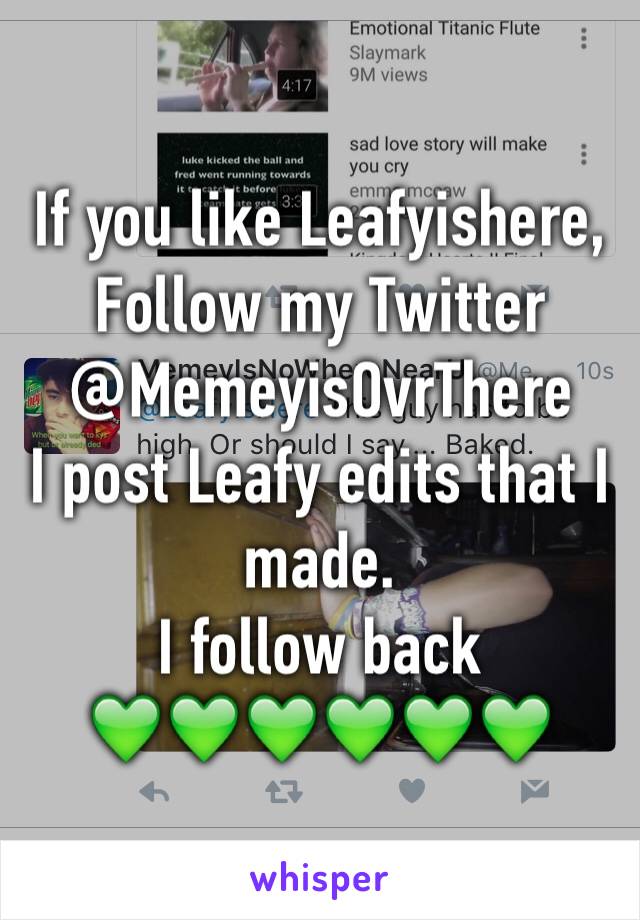 If you like Leafyishere,
Follow my Twitter 
@MemeyisOvrThere
I post Leafy edits that I made. 
I follow back 
💚💚💚💚💚💚