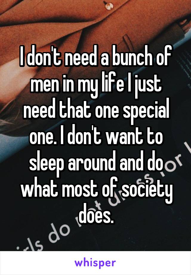 I don't need a bunch of men in my life I just need that one special one. I don't want to sleep around and do what most of society does.