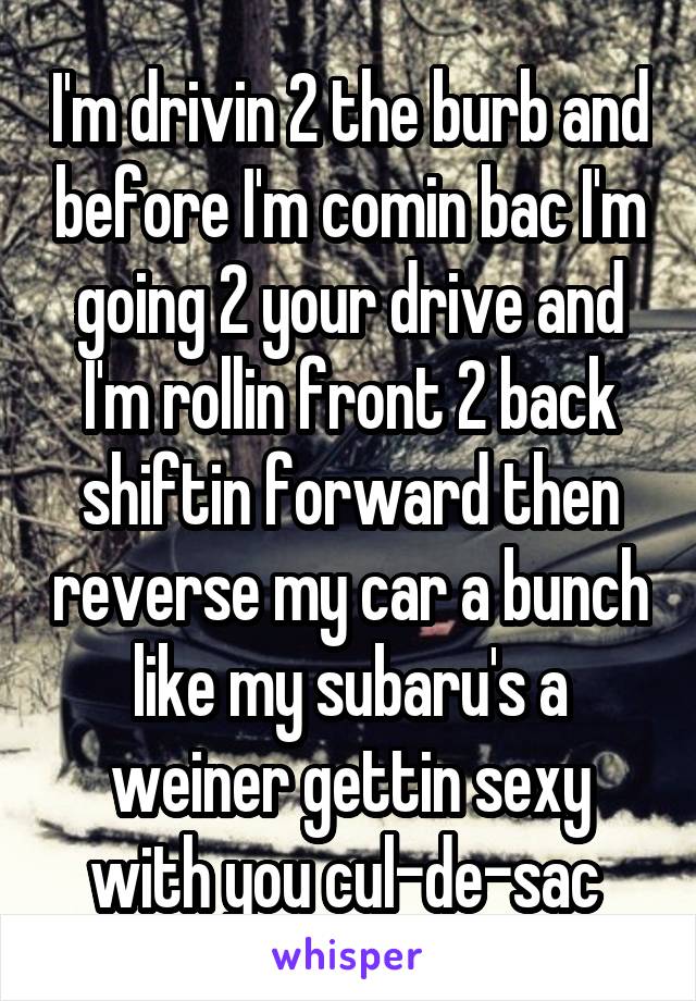 I'm drivin 2 the burb and before I'm comin bac I'm going 2 your drive and I'm rollin front 2 back shiftin forward then reverse my car a bunch like my subaru's a weiner gettin sexy with you cul-de-sac 