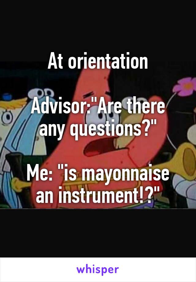 At orientation

Advisor:"Are there any questions?"

Me: "is mayonnaise an instrument!?"
