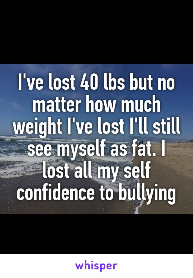 I've lost 40 lbs but no matter how much weight I've lost I'll still see myself as fat. I lost all my self confidence to bullying