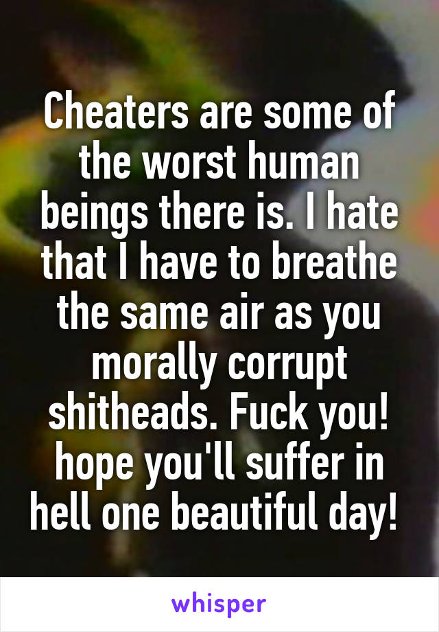 Cheaters are some of the worst human beings there is. I hate that I have to breathe the same air as you morally corrupt shitheads. Fuck you! hope you'll suffer in hell one beautiful day! 