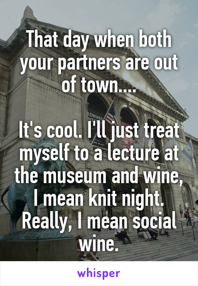 That day when both your partners are out of town....

It's cool. I'll just treat myself to a lecture at the museum and wine, I mean knit night. Really, I mean social wine.