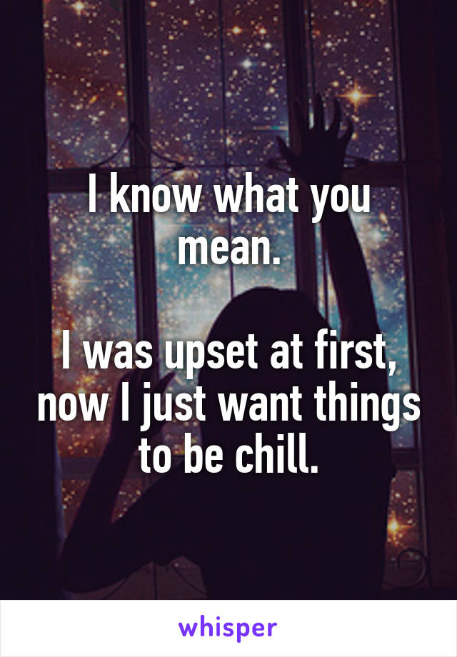 I know what you mean.

I was upset at first, now I just want things to be chill.