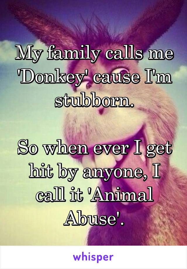 My family calls me 'Donkey' cause I'm stubborn.

So when ever I get hit by anyone, I call it 'Animal Abuse'.