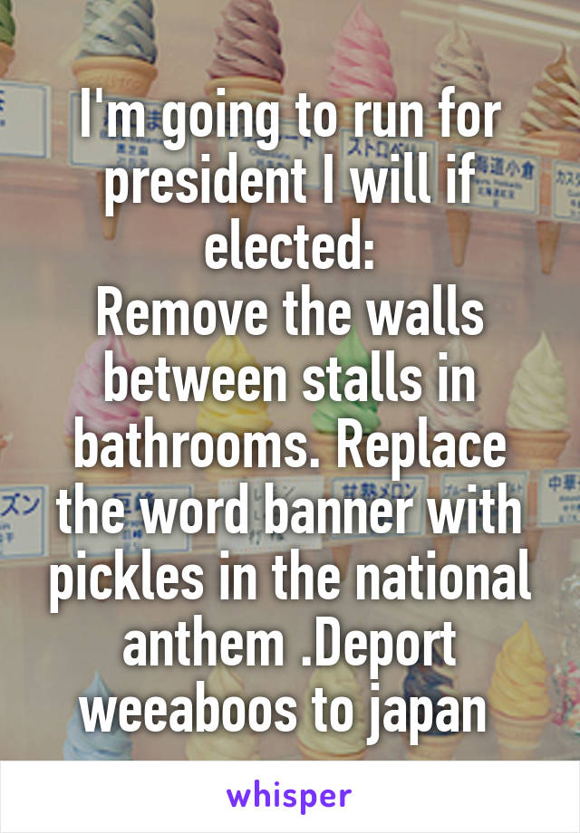 I'm going to run for president I will if elected:
Remove the walls between stalls in bathrooms. Replace the word banner with pickles in the national anthem .Deport weeaboos to japan 