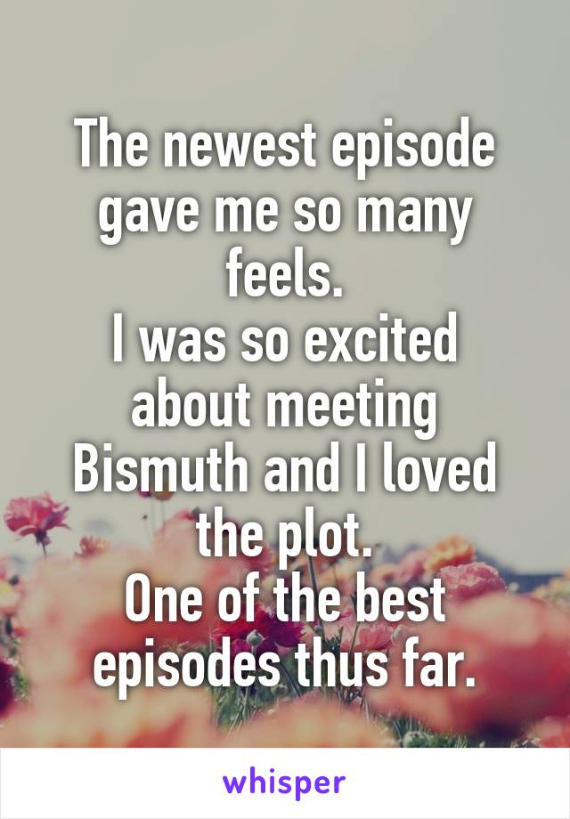 The newest episode gave me so many feels.
I was so excited about meeting Bismuth and I loved the plot.
One of the best episodes thus far.