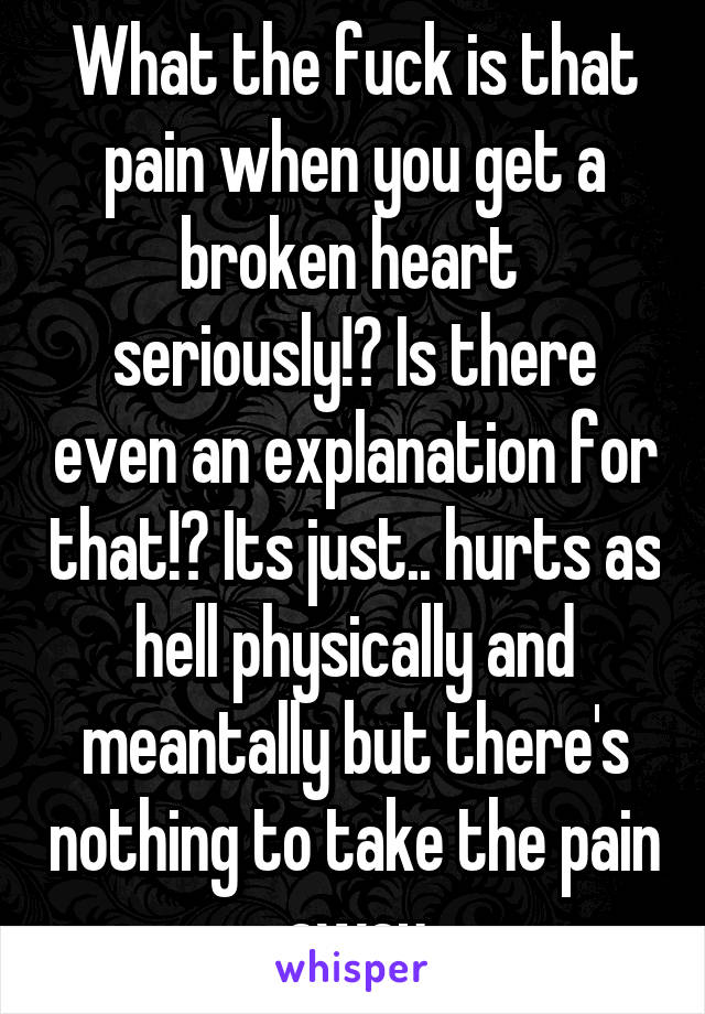 What the fuck is that pain when you get a broken heart  seriously!? Is there even an explanation for that!? Its just.. hurts as hell physically and meantally but there's nothing to take the pain away