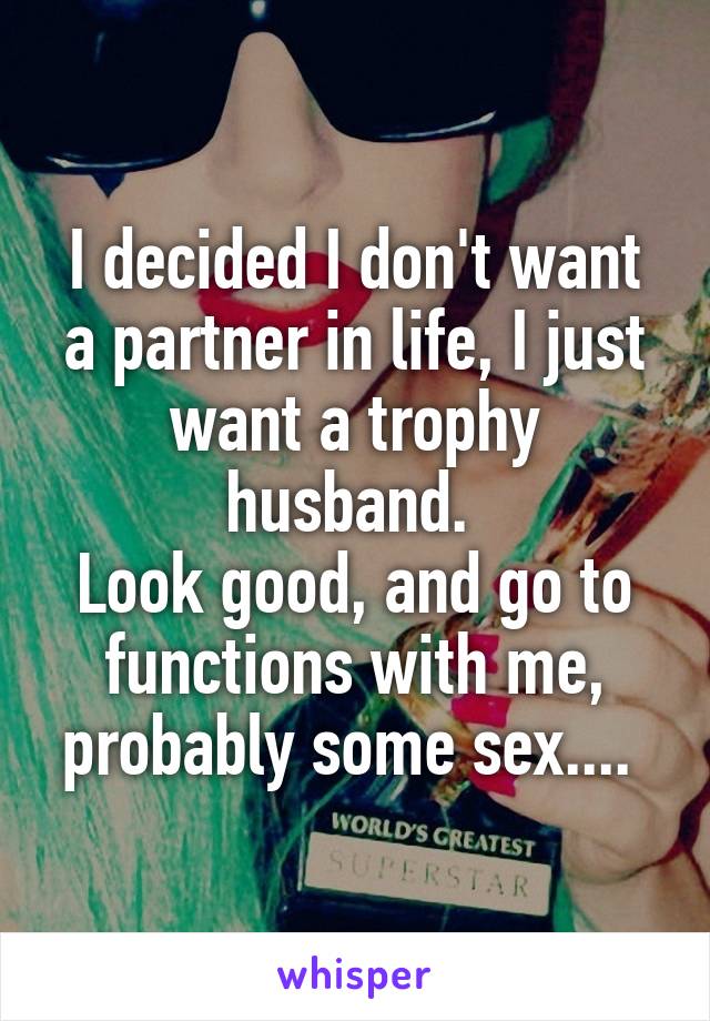 I decided I don't want a partner in life, I just want a trophy husband. 
Look good, and go to functions with me, probably some sex.... 