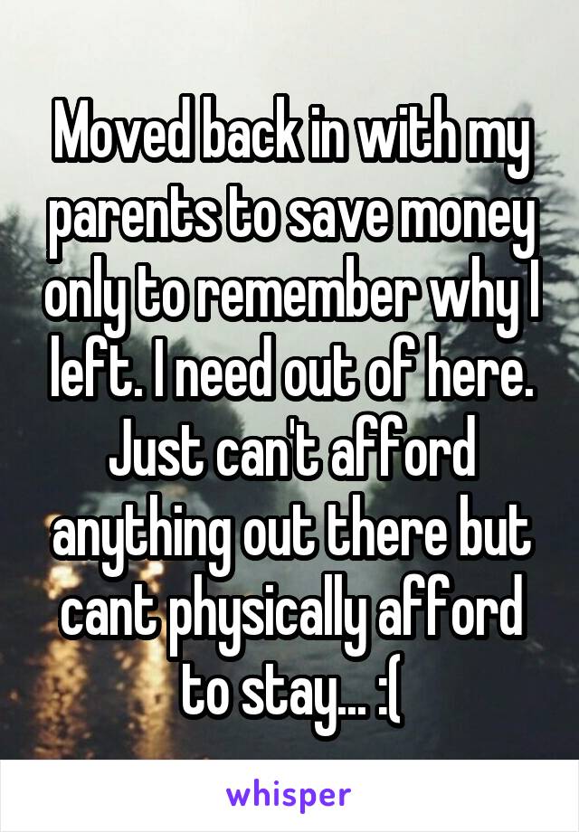 Moved back in with my parents to save money only to remember why I left. I need out of here. Just can't afford anything out there but cant physically afford to stay... :(