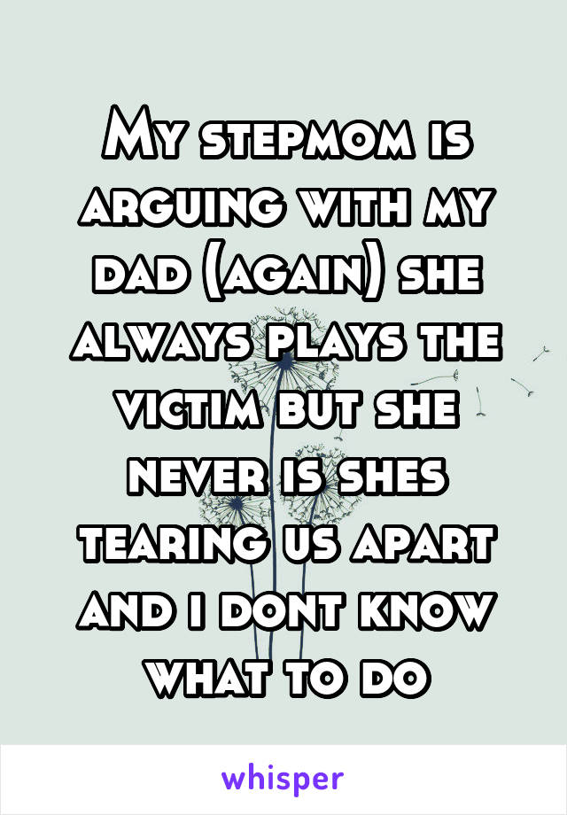 My stepmom is arguing with my dad (again) she always plays the victim but she never is shes tearing us apart and i dont know what to do