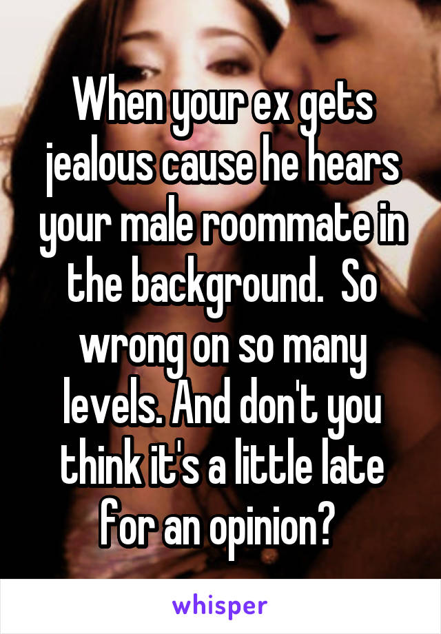 When your ex gets jealous cause he hears your male roommate in the background.  So wrong on so many levels. And don't you think it's a little late for an opinion? 