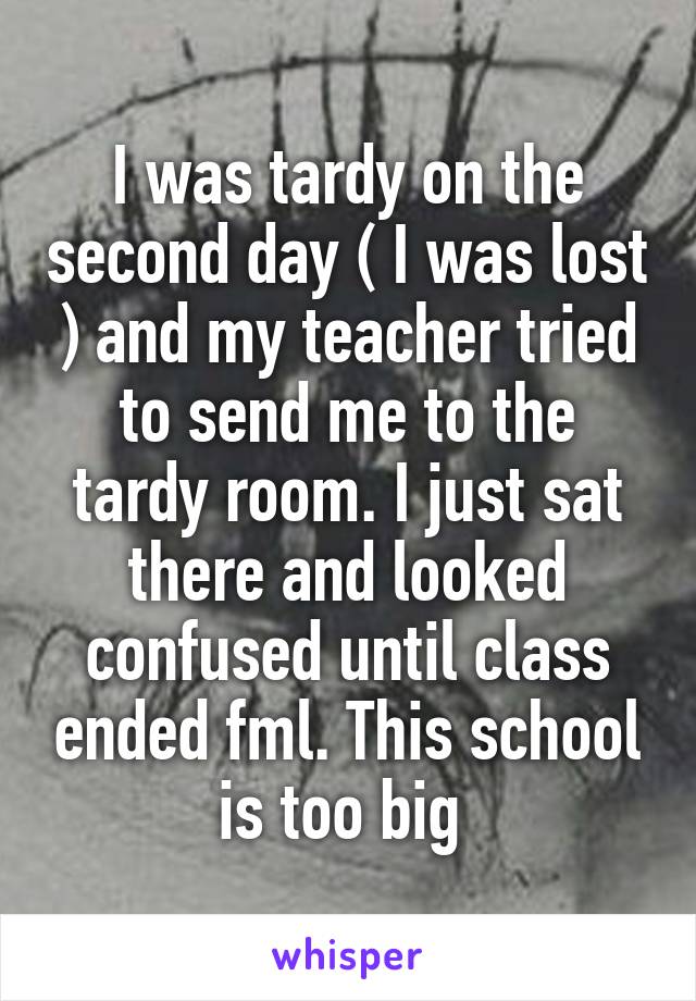 I was tardy on the second day ( I was lost ) and my teacher tried to send me to the tardy room. I just sat there and looked confused until class ended fml. This school is too big 