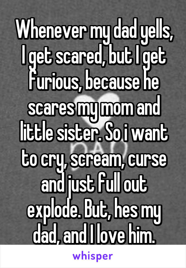 Whenever my dad yells, I get scared, but I get furious, because he scares my mom and little sister. So i want to cry, scream, curse and just full out explode. But, hes my dad, and I love him.