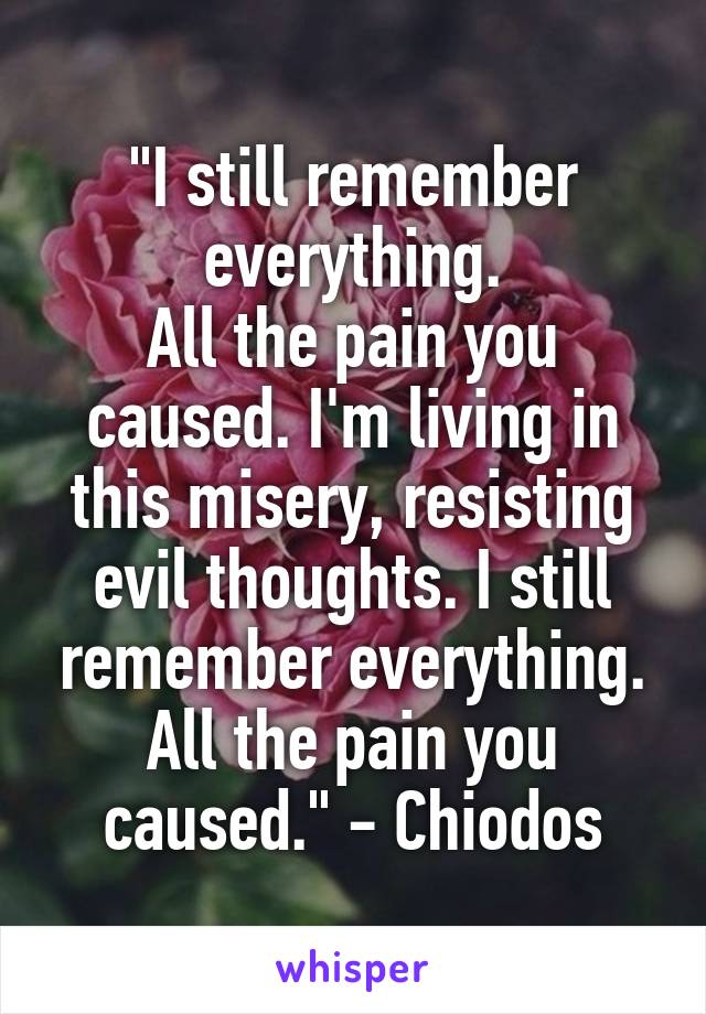 "I still remember everything.
All the pain you caused. I'm living in this misery, resisting evil thoughts. I still remember everything.
All the pain you caused." - Chiodos