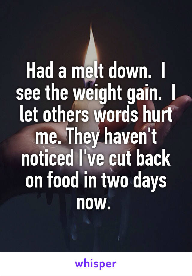 Had a melt down.  I see the weight gain.  I let others words hurt me. They haven't noticed I've cut back on food in two days now. 