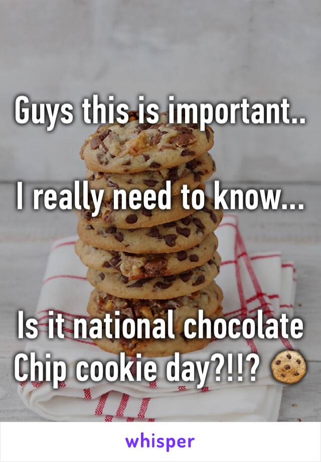 Guys this is important..

I really need to know... 


Is it national chocolate Chip cookie day?!!? 🍪